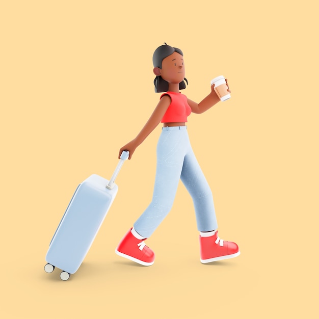 Girl character with baggage and coffee cup