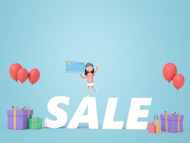 Girl holding credit card and rising hand while standing on sale label with shopping bag gift and balloon isolated background