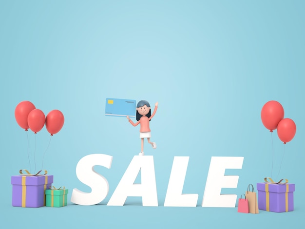 Girl holding credit card and rising hand while standing on sale label with shopping bag gift and balloon isolated background