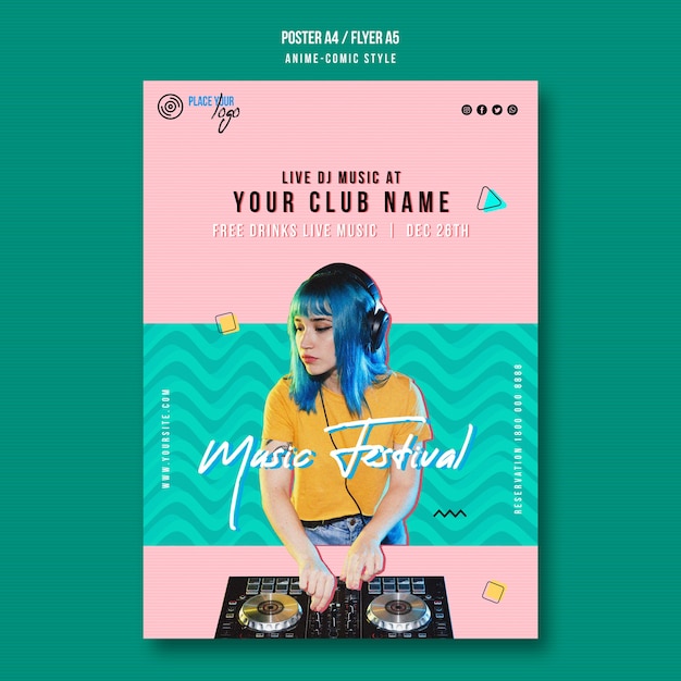 Ragazza con modello di poster festival di musica capelli blu