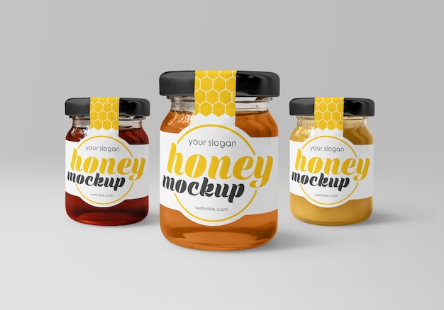 Download Premium PSD | Mockup of honey jar packaging glass bottle with honey spoon isolated