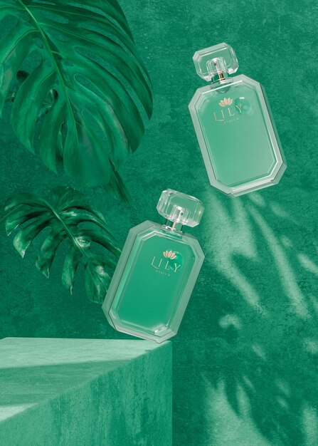 Glass perfume bottle mockup on tropical green background 3d render