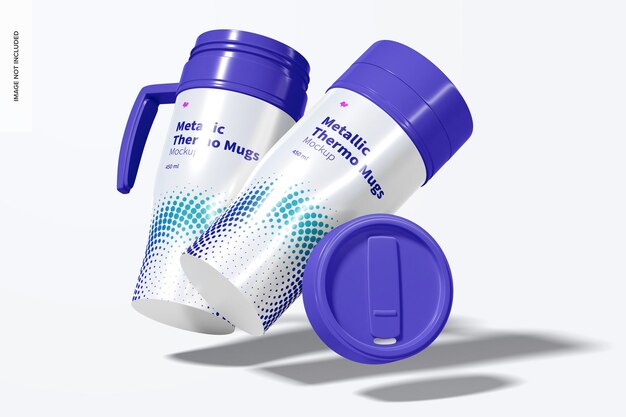 Download Premium PSD | Glossy metallic thermo mug with blue lids mockup