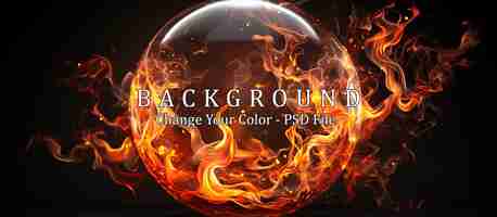 Free PSD glowing crystal ball with fire flames on black background