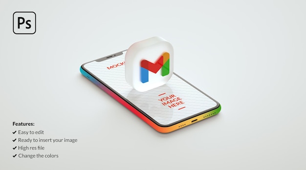 Логотип приложения gmail с макетом современного телефона в 3d-рендеринге Premium Psd