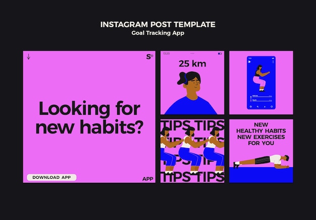 Set di post instagram dell'app per il monitoraggio degli obiettivi