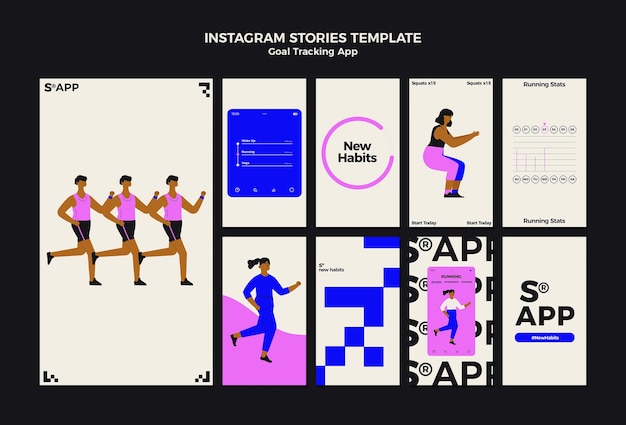 PSD gratuito storie di instagram dell'app per il monitoraggio degli obiettivi