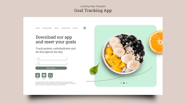 Free PSD goal tracking app landing page  template