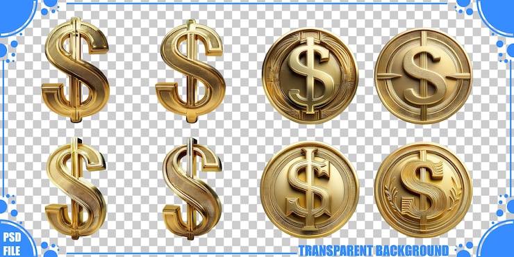 Free PSD gold dollar symbols on transparent background