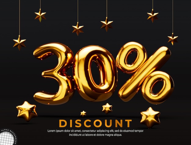 Free PSD golden 30 percent discount 3d rendering design template