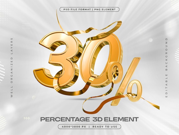 Golden 30 percent discount isolated 3d render illustration