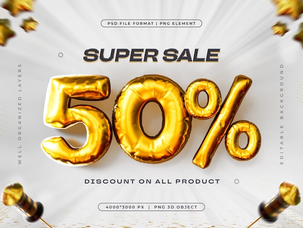 Free PSD golden 50 percent discount isolated 3d render illustration