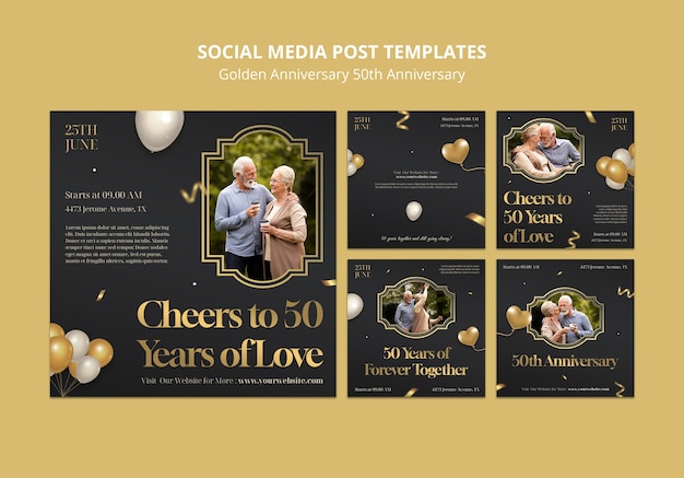 Free PSD golden 50th anniversary instagram posts