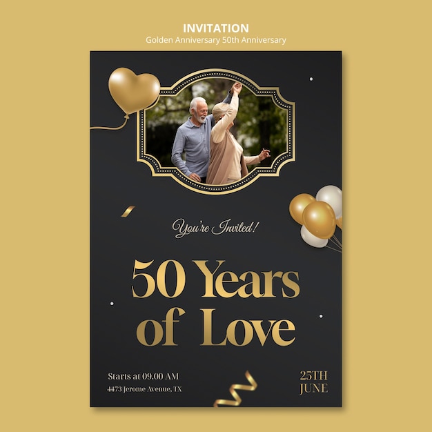 Free PSD golden 50th anniversary invitation template