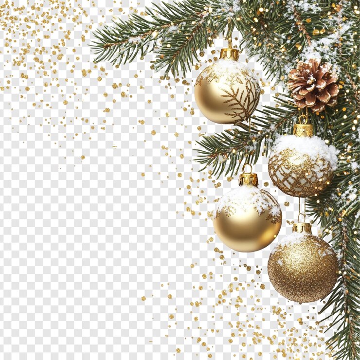 Free PSD golden christmas ornaments on snowy pine branch