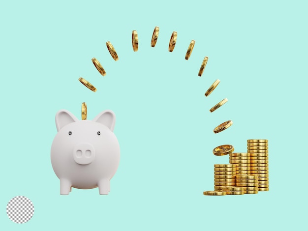 Золотая монета, летящая в белую копилку на синем фоне для экономии денег и депозитной концепции творческих идей с помощью техники 3D рендеринга