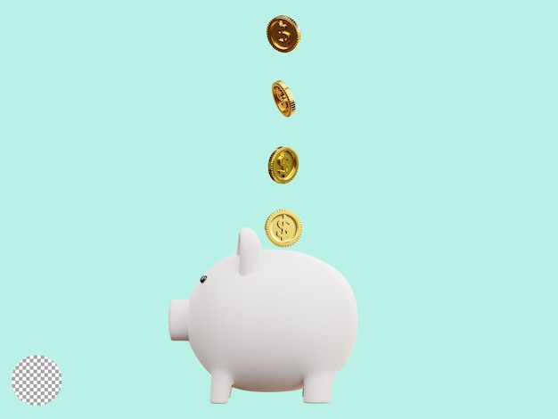 お金を節約し、3Dレンダリング技術によるコンセプトの創造的なアイデアを預けるために青い背景の白い貯金箱に飛んでいる黄金のコイン