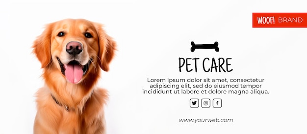 Free PSD golden retriever banner for branding with text on a white background