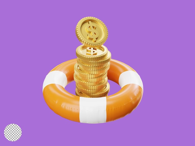 Golden US dollar coins stacking inside of safety life rubber ring for money saving wealth investment can make stability life concept by 3d render illustration