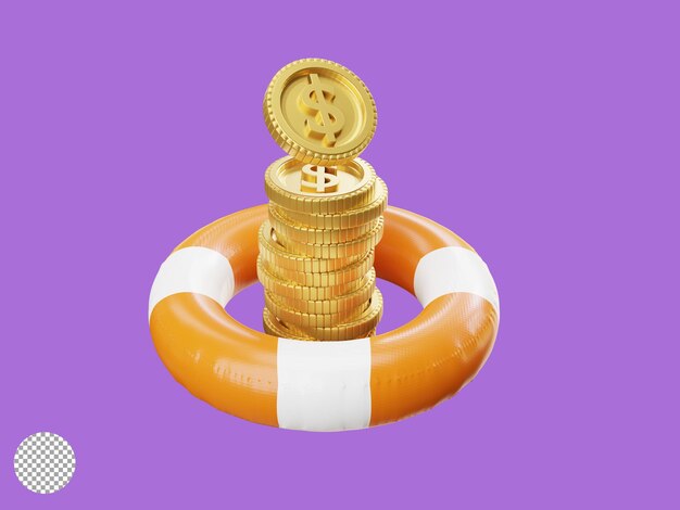 Golden US dollar coins stacking inside of safety life rubber ring for money saving wealth investment can make stability life concept by 3d render illustration