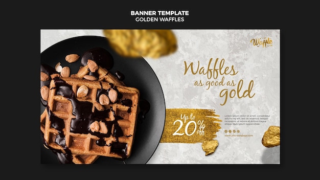 Free PSD golden waffles with chocolate and nuts banner