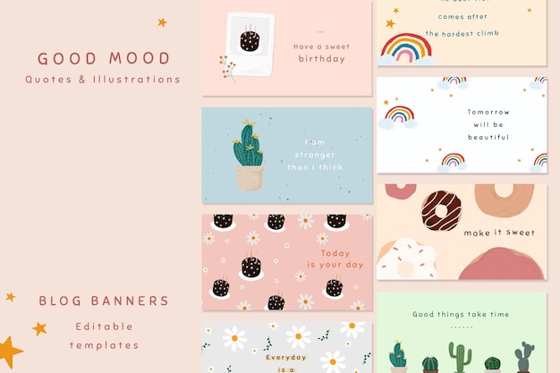 Good mood quote template psd set for blog banner cute hand drawn