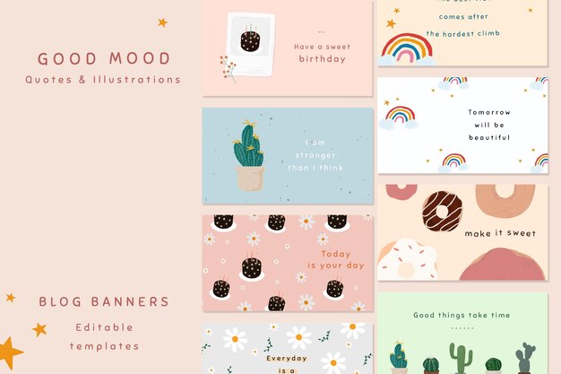 Good mood quote template psd set for blog banner cute hand drawn