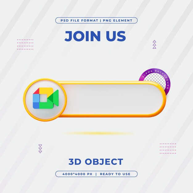 무료 PSD google meet join now 배너 요소 아이콘 고립 3d 렌더링