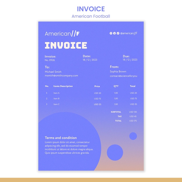 Gradient american football invoice template