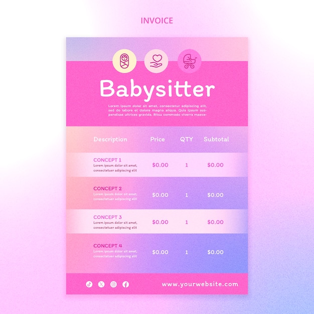 Free PSD gradient babysitter job invoice template