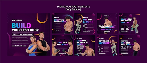 Free PSD gradient body building instagram posts template