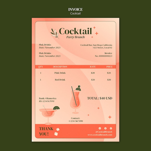 PSD gratuito modello di fattura gradiente cocktail bar