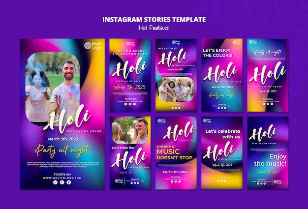 Raccolta di storie di instagram del festival colorato sfumato di holi