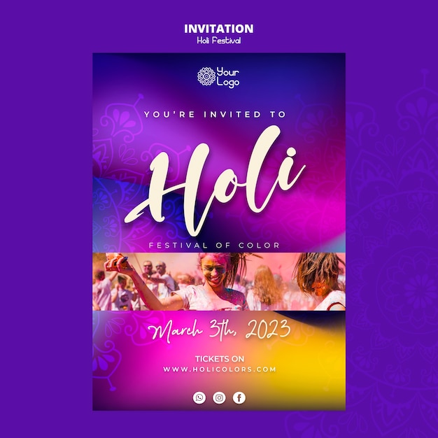 Modello di invito del festival holi colorato sfumato