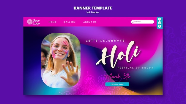 Gradient colorful holi festival landing page template