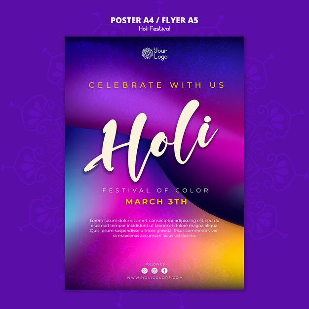 그라디언트 다채로운 holi 축제 세로 포스터 템플릿