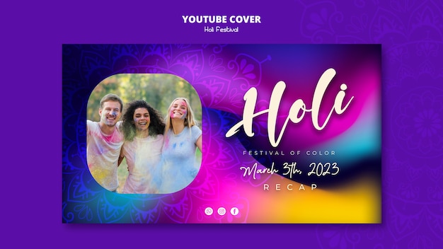 Free PSD gradient colorful holi festival youtube cover template