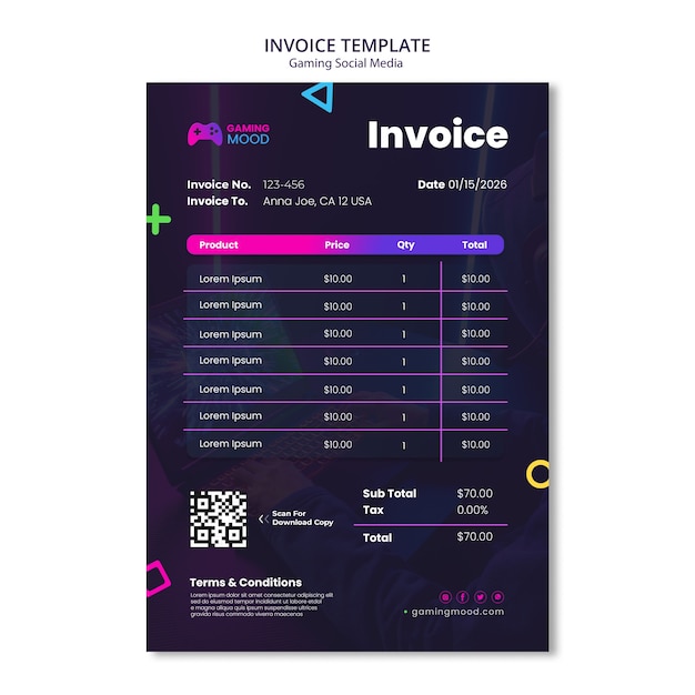 Free PSD gradient gaming social media invoice template