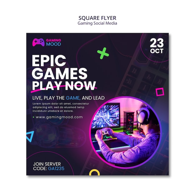 Free PSD gradient gaming social media square flyer template