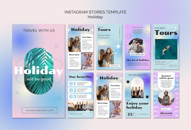 Collezione di storie di instagram di viaggio di vacanza gradiente