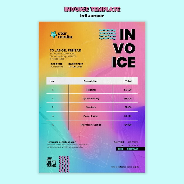 Free PSD gradient influencer job  invoice template