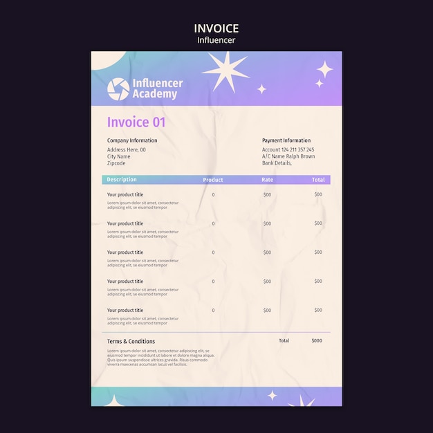 Free PSD gradient influencer job invoice template