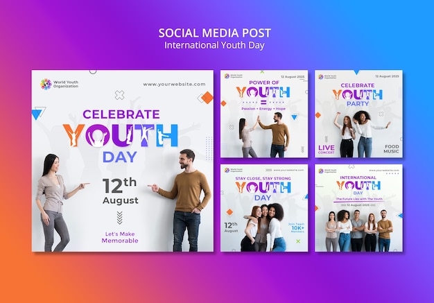 Бесплатный PSD Коллекция постов в instagram к международному дню молодежи gradient