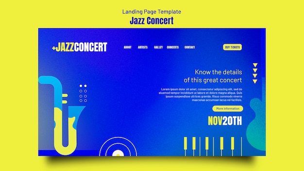 PSD gratuito pagina di destinazione del concerto jazz sfumato