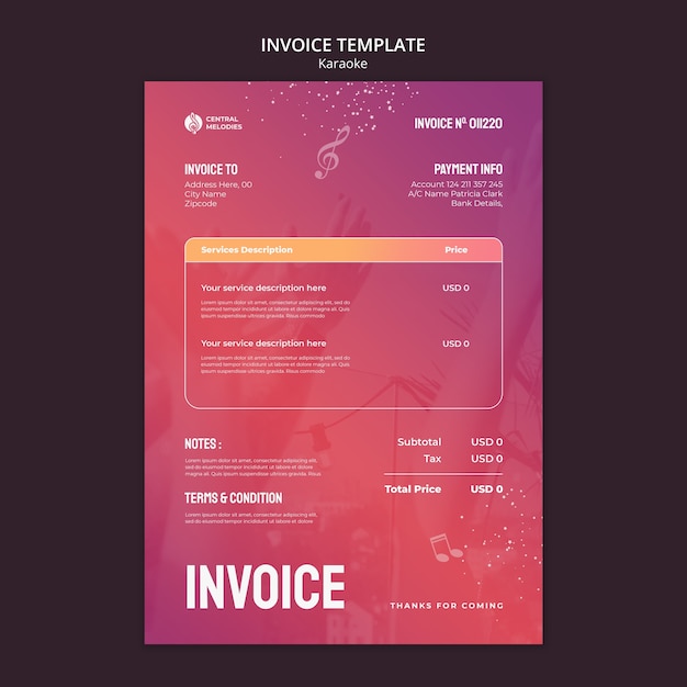 Free PSD gradient karaoke party invoice template