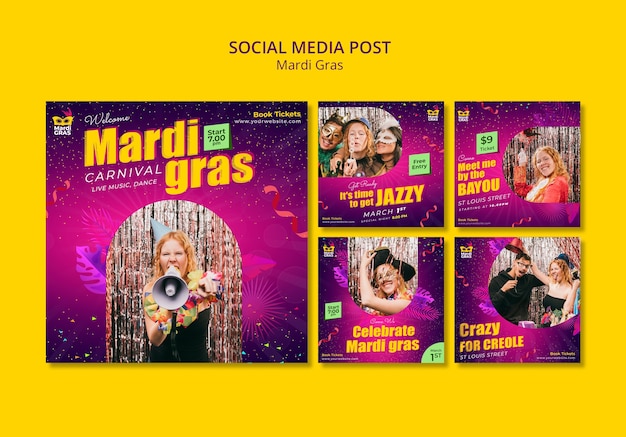 Free PSD gradient mardi gras instagram posts design template