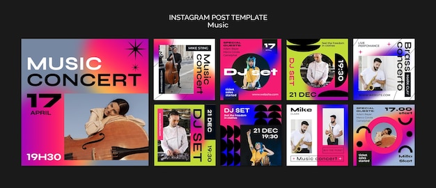 PSD gratuito modello di post di instagram per concerti di musica sfumata