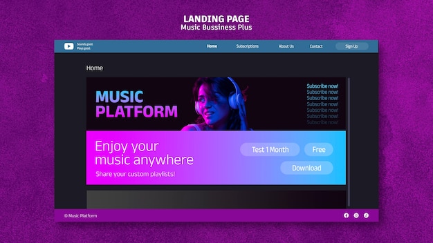 無料PSD グラデーション音楽プラットフォームのランディング ページ