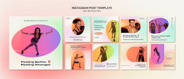 PSD gratuito collezione di post instagram gradiente pastello e fitness