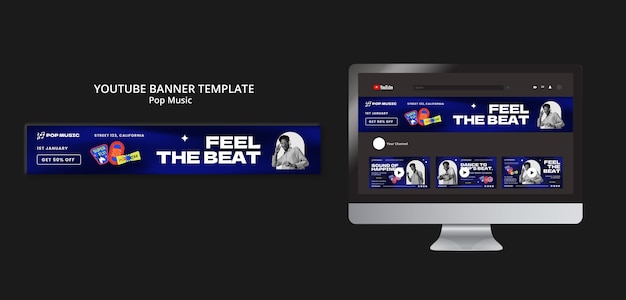 Free PSD gradient pop music youtube banner template